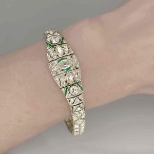 OOAK Art Deco Platinum Emerald Diamond Bracelet Art Deco Antique Diamond Bangle 1920s 1930s Jewelry for Anniversary Gift image 5
