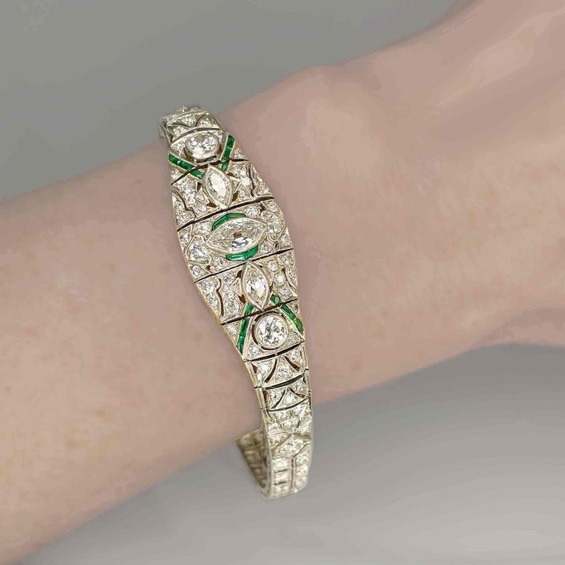 OOAK Art Deco Platinum Emerald Diamond Bracelet Art Deco Antique Diamond Bangle 1920s 1930s Jewelry for Anniversary Gift image 5