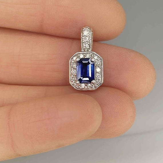 Unheated Deep Blue Sapphire Diamond 14K Pendant E… - image 4