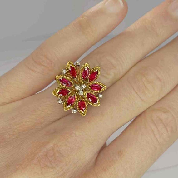 Unheated Ruby Flower Ring Ruby Diamond Daisy Ring… - image 4