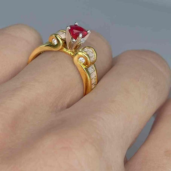 Red Ruby Diamond Engagement Ring 18K Platinum Han… - image 7