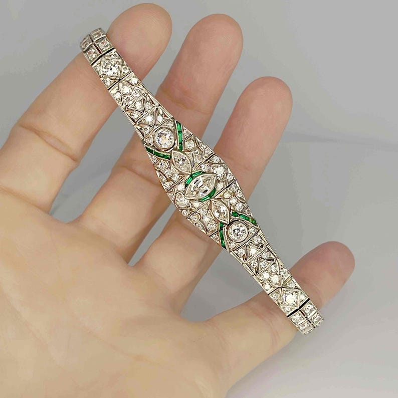 OOAK Art Deco Platinum Emerald Diamond Bracelet Art Deco Antique Diamond Bangle 1920s 1930s Jewelry for Anniversary Gift image 3