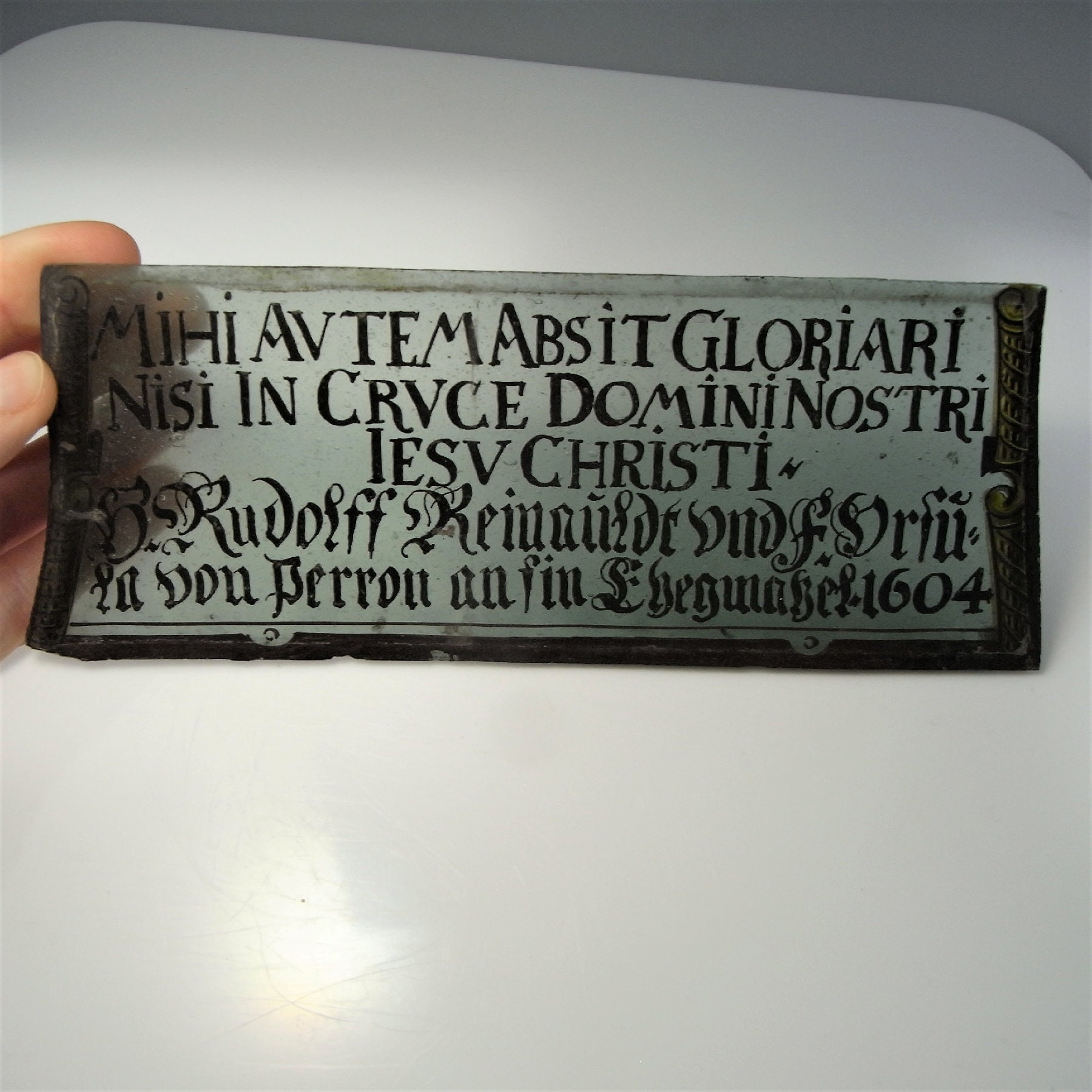 Renaissance Glass Sign Stained Glass Window Pane W. Report Antique ...
