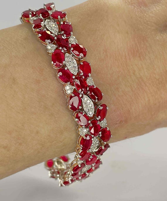 Dazzling Ruby Diamond Tennis Bracelet 14K White Gold Ruby Diamond Link  Bracelet Natural Ruby Bracelet Oval Cut Ruby 585