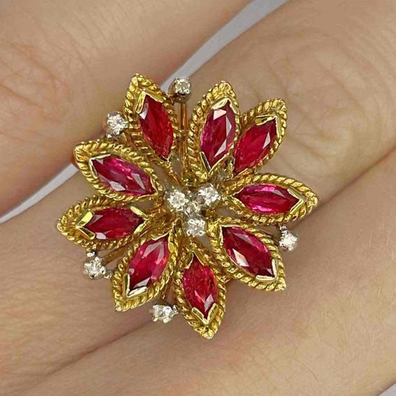 Unheated Ruby Flower Ring Ruby Diamond Daisy Ring… - image 1