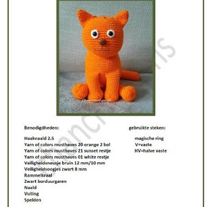 May include: An orange crochet cat with large eyes and a small nose. The cat is sitting upright with its tail extended. The text "Haakpatroon dikkertje dik mini" is at the top. The finished cat is 22 cm tall.