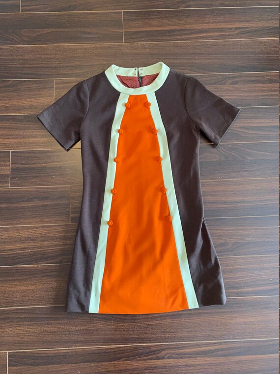 1960s Orange and Brown Mod Mini Dress