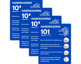 Wash Your Hands Sign — Vinyl Water Resistant Stickers 4 Pack — Handwashing Instructions Decals for Bathroom
