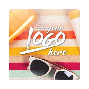 May include: A colorful striped beach towel with sunglasses, sunscreen, and the text "your logo here" in white.