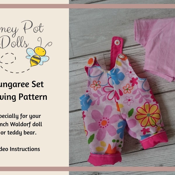 sewing pattern for dungaree and top set to fit a 9 inch waldorf doll, sew your own dolls clothes, fits teddy and any 9 inch clothdoll