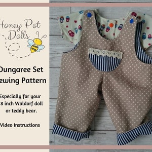 sewing pattern a dungaree and top set which fits a 18 inch waldorf doll, sew your own dolls clothes, fit teddy,any 18inch doll