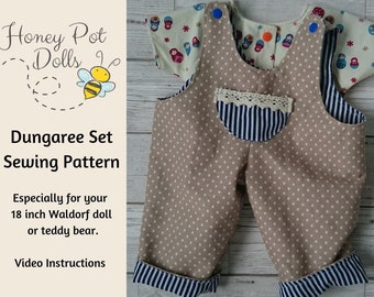 sewing pattern a dungaree and top set which fits a 18 inch waldorf doll, sew your own dolls clothes, fit teddy,any 18inch doll