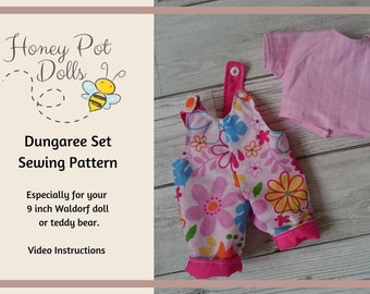 sewing pattern for dungaree and top set to fit a 9 inch waldorf doll, sew your own dolls clothes, fits teddy and any 9 inch clothdoll