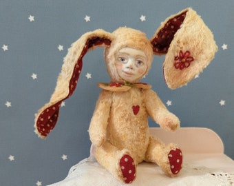 art teddy with hand sculpted clay face adorable bunny whimsical vintage style Art Doll, embroidery details, heart, gift collectors art bear
