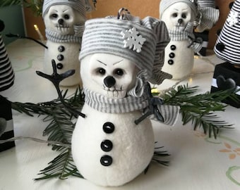 handmade creepy Gothic Christmas ornament, twisted snowman with a skulls face standing or hanging on your tree