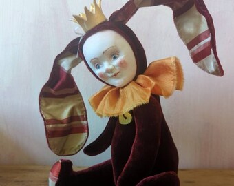 handmade artist teddy bear, whimsical velvet soft art doll, one of a kind vintage style with rabbit ears
