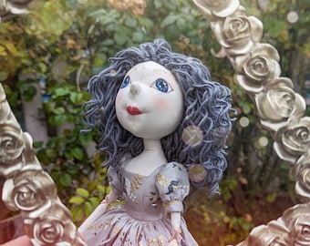 Enchanted fairy-tale art doll Erosabel looks like she has stepped right out of a fable, delightful handmade cloth doll with curly hair