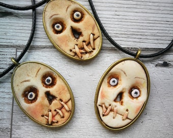 Halloween Gothic necklace, Horror face, hand sculpted pendant, fun macabre stitched lips Halloween shrunken head