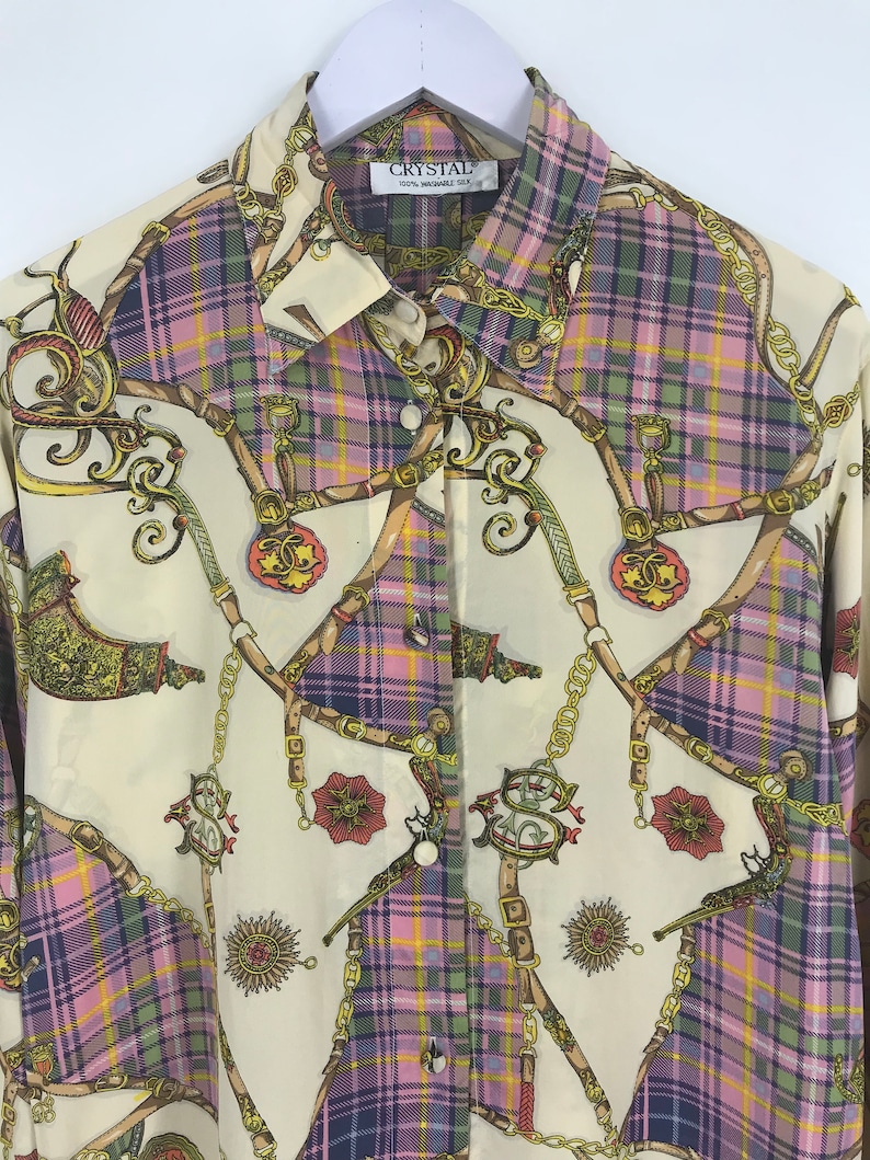 Vintage 90/'s CRYSTAL Novelty Baroque Silk Shirt Large Pop Art Gold Chain Luxury Style Tartan Psychedelic Oxfords Buttondown Size L