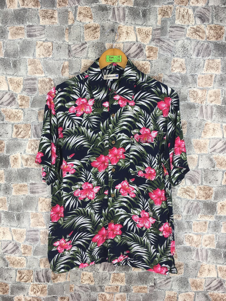 Vintage Sunwear Floral Button Up Medium Hawaiian Hibiscus Multicolour Hawaii Aloha Rockabilly Beach Surf Party Rock N Roll Shirt Size M