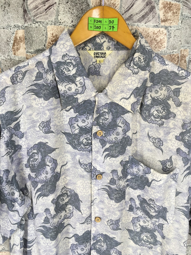 HAWAIIAN Raijin Rayon Shirt Mens Large Vintage Hawaii Surf Honolulu Japanese Raijin Dragon Rayon Shirt Buttondown Size L