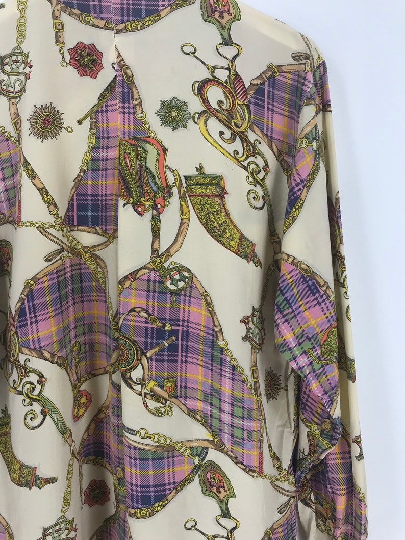 Vintage 90/'s CRYSTAL Novelty Baroque Silk Shirt Large Pop Art Gold Chain Luxury Style Tartan Psychedelic Oxfords Buttondown Size L