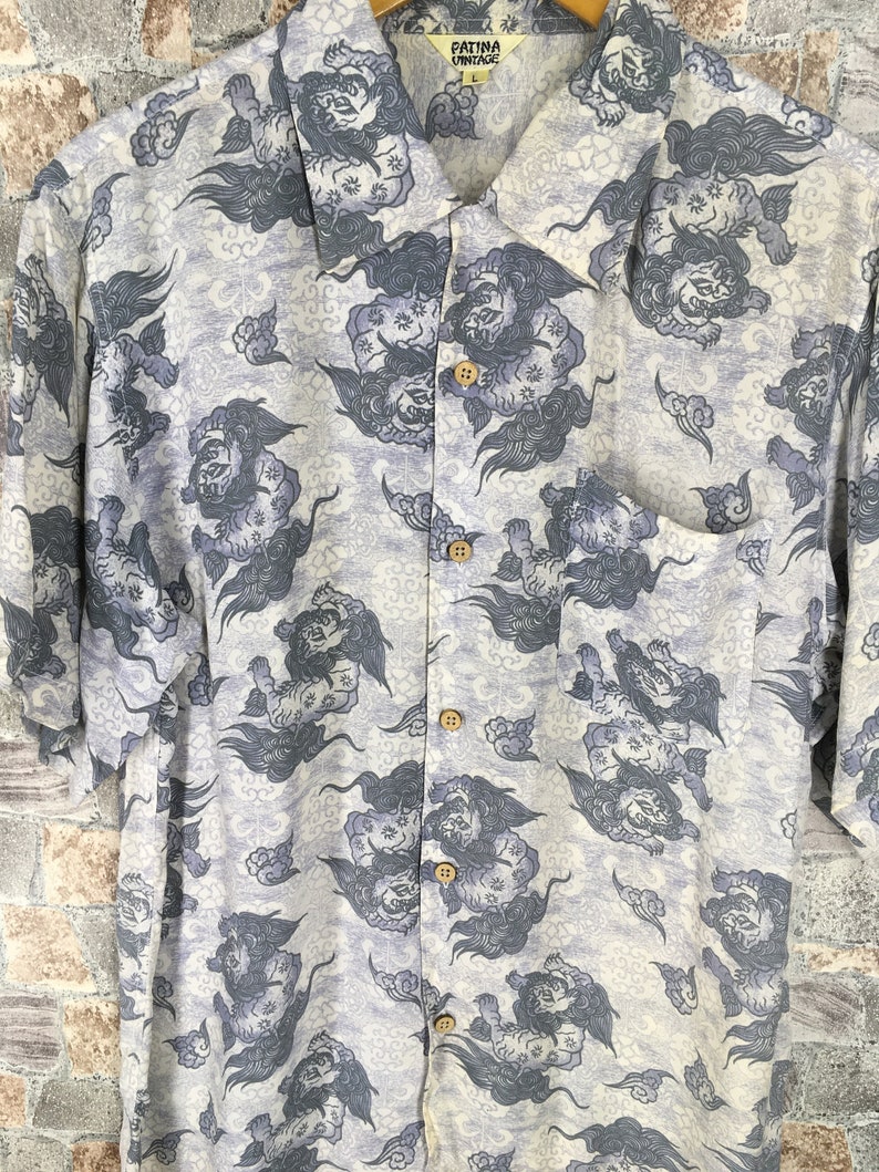 HAWAIIAN Raijin Rayon Shirt Mens Large Vintage Hawaii Surf Honolulu Japanese Raijin Dragon Rayon Shirt Buttondown Size L