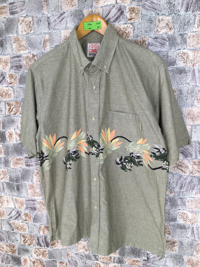 Vintage 90/'s SUKAJAN Dragon Oxfords Shirt Large Mens Hawaiian Japanese Souvenir Sukajan Style Okinawa Beachwear Button Up Shirt Size L