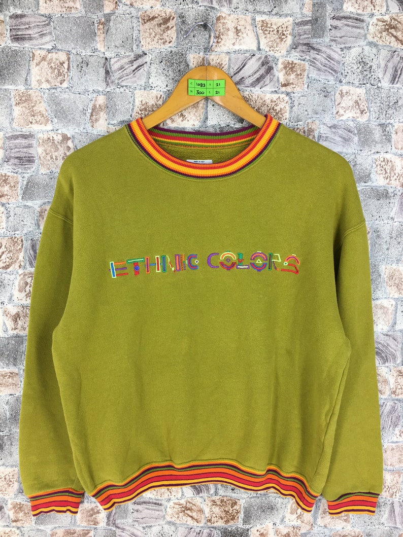 United Colors BENETTON Sweatshirt Small Benetton Ethnic Colors Spell Out Multicolour Lime Benetton Pullover Benetton Crewneck Sweater S
