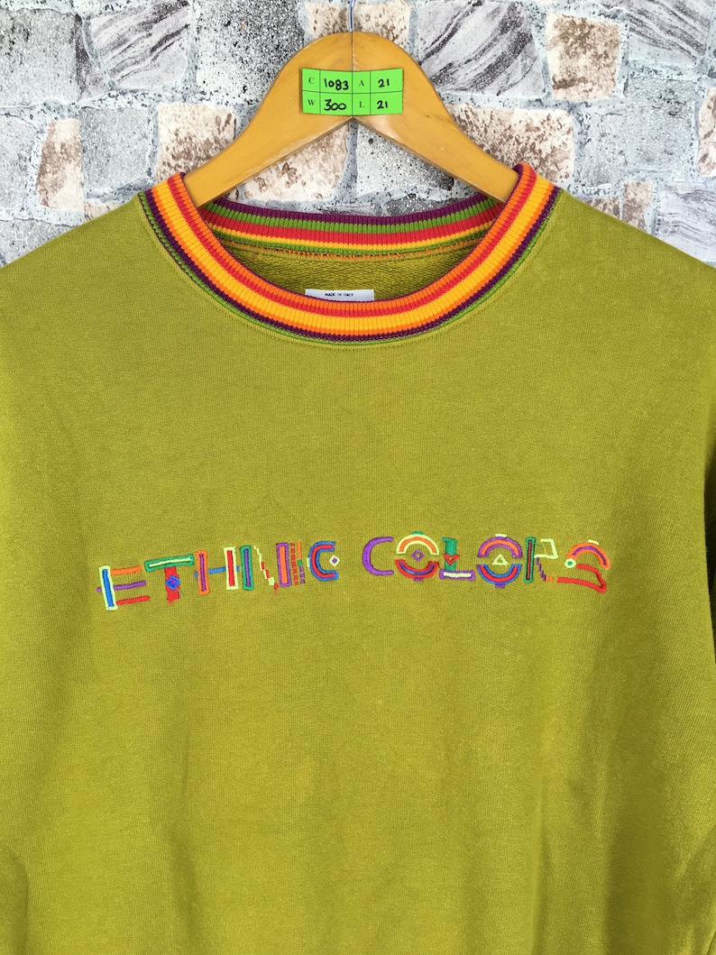 United Colors BENETTON Sweatshirt Small Benetton Ethnic Colors Spell Out Multicolour Lime Benetton Pullover Benetton Crewneck Sweater S