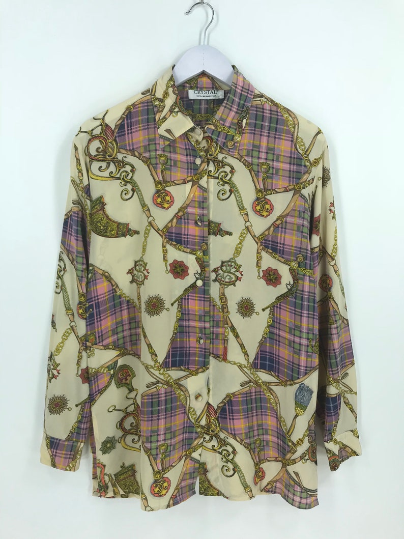 Vintage 90/'s CRYSTAL Novelty Baroque Silk Shirt Large Pop Art Gold Chain Luxury Style Tartan Psychedelic Oxfords Buttondown Size L