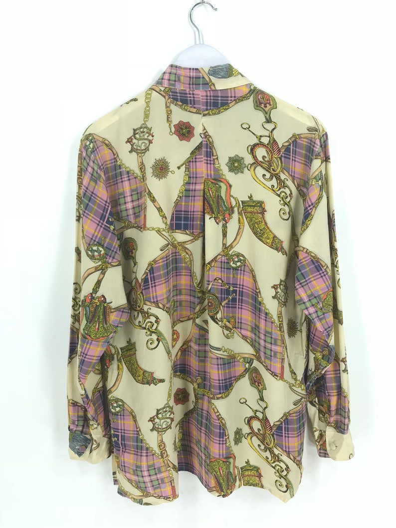 Vintage 90/'s CRYSTAL Novelty Baroque Silk Shirt Large Pop Art Gold Chain Luxury Style Tartan Psychedelic Oxfords Buttondown Size L