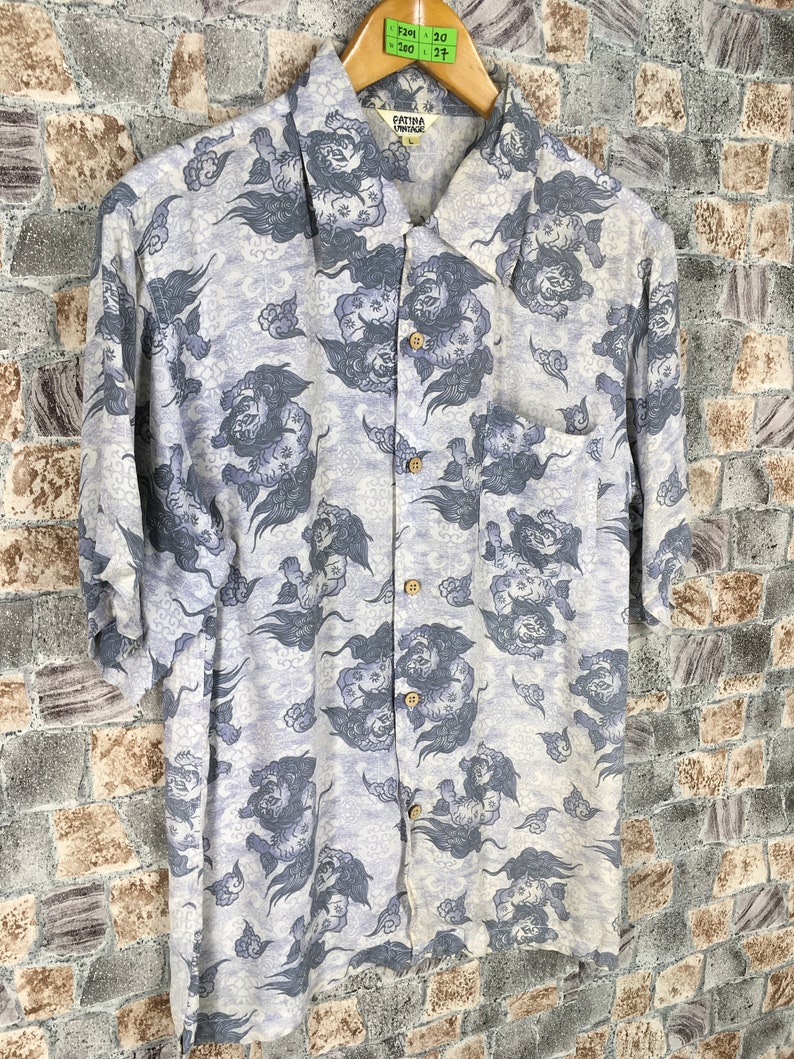 HAWAIIAN Raijin Rayon Shirt Mens Large Vintage Hawaii Surf Honolulu Japanese Raijin Dragon Rayon Shirt Buttondown Size L