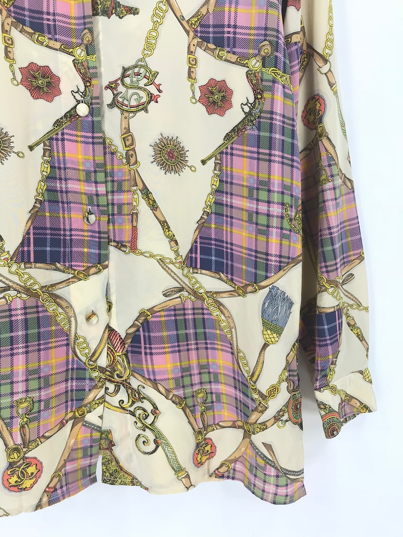 Vintage 90/'s CRYSTAL Novelty Baroque Silk Shirt Large Pop Art Gold Chain Luxury Style Tartan Psychedelic Oxfords Buttondown Size L