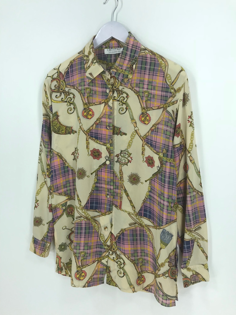 Vintage 90/'s CRYSTAL Novelty Baroque Silk Shirt Large Pop Art Gold Chain Luxury Style Tartan Psychedelic Oxfords Buttondown Size L