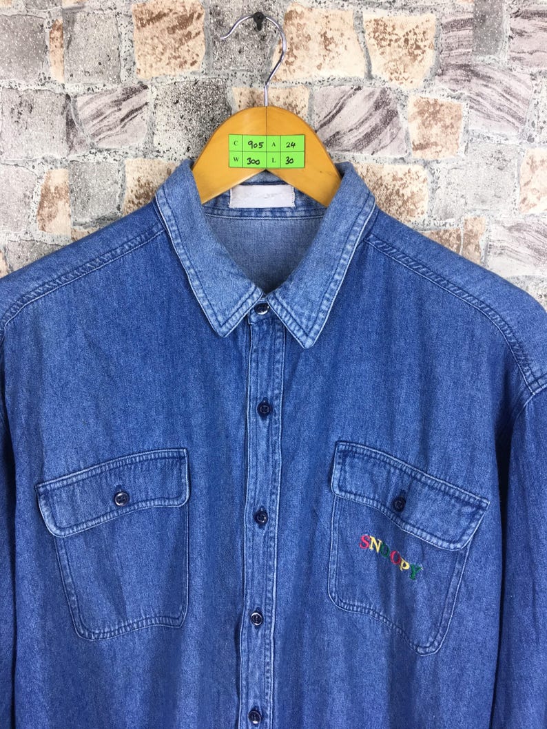 SNOOPY Woodstock Denim Blue Shirt Large Vintage 90/'s Snoopy Joe Cool Peanuts Cartoon Snoopy Comic Strip Blue Denim Jeans Oxfords Size L