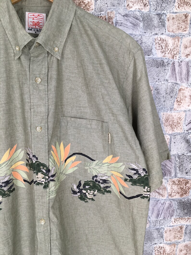 Vintage 90/'s SUKAJAN Dragon Oxfords Shirt Large Mens Hawaiian Japanese Souvenir Sukajan Style Okinawa Beachwear Button Up Shirt Size L