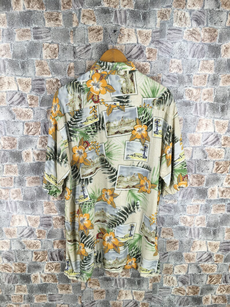 HAWAIIAN Rayon Shirt Men Large Vintage Hula Girl Hibiscus Flower Hawaii Tiki Tropical Honolulu Surf Beach Aloha Rayon Shirt Buttondown L
