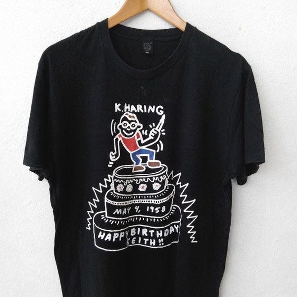 KEITH HARING 90's Happy Birthday Pop Art Graffiti Street Andy Warhol Designer Black T shirt