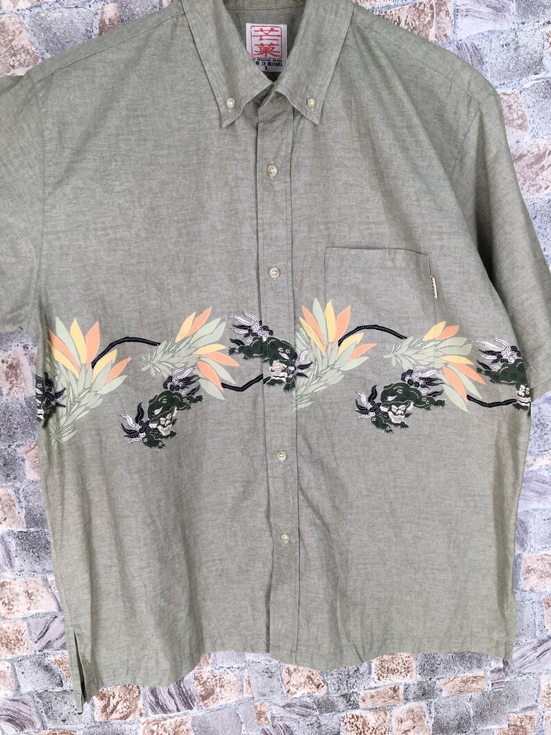 Vintage 90/'s SUKAJAN Dragon Oxfords Shirt Large Mens Hawaiian Japanese Souvenir Sukajan Style Okinawa Beachwear Button Up Shirt Size L