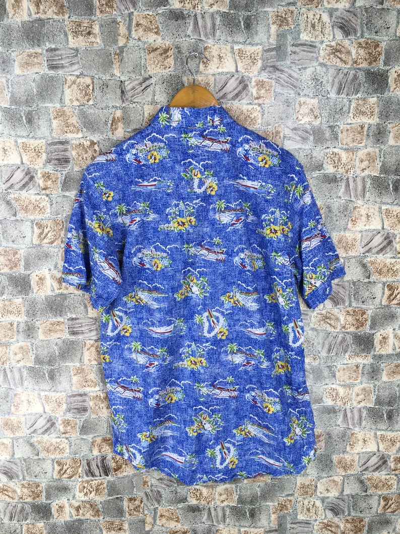 Hawaiian Shirt Men Large Vintage 80s Coconut Tree Honolulu Sailing Yacht Hawaii Rockabilly Aloha Hawaiian Beach Cotton Buttondown Size L