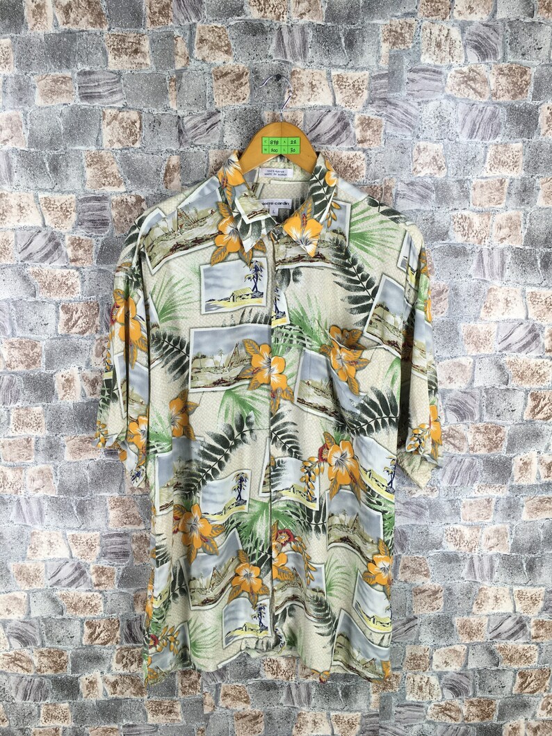 HAWAIIAN Rayon Shirt Men Large Vintage Hula Girl Hibiscus Flower Hawaii Tiki Tropical Honolulu Surf Beach Aloha Rayon Shirt Buttondown L