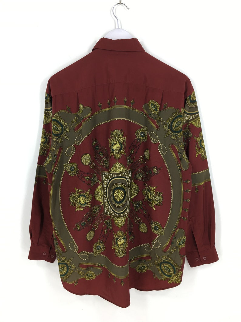 Vintage 1990/'s Novelty Baroque Polyester Shirt Medium Pop Art Baroque Gold Chain Luxury Style Red Soft Polyester Oxfords Buttondown Size M
