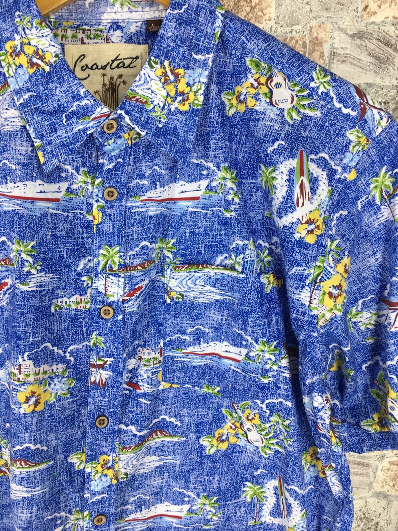 Hawaiian Shirt Men Large Vintage 80s Coconut Tree Honolulu Sailing Yacht Hawaii Rockabilly Aloha Hawaiian Beach Cotton Buttondown Size L