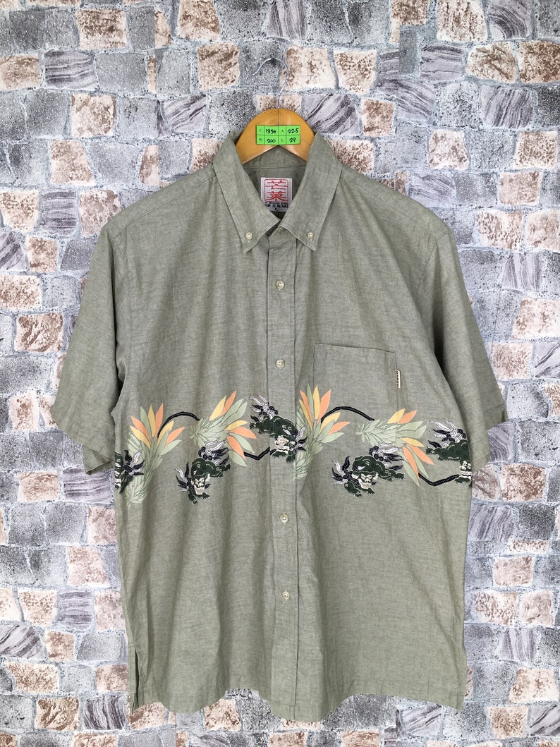 Vintage 90/'s SUKAJAN Dragon Oxfords Shirt Large Mens Hawaiian Japanese Souvenir Sukajan Style Okinawa Beachwear Button Up Shirt Size L