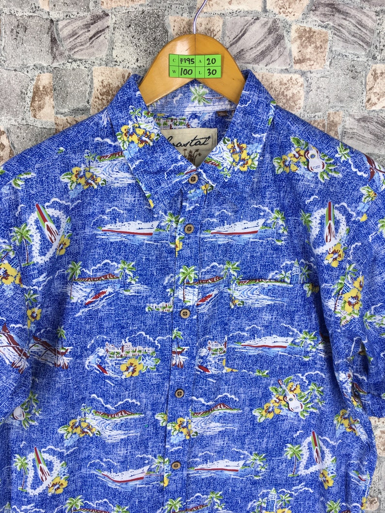 Hawaiian Shirt Men Large Vintage 80s Coconut Tree Honolulu Sailing Yacht Hawaii Rockabilly Aloha Hawaiian Beach Cotton Buttondown Size L