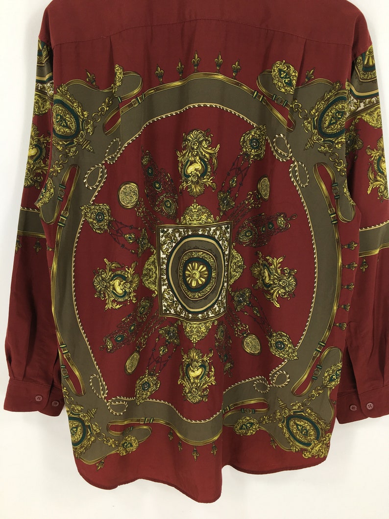 Vintage 1990/'s Novelty Baroque Polyester Shirt Medium Pop Art Baroque Gold Chain Luxury Style Red Soft Polyester Oxfords Buttondown Size M