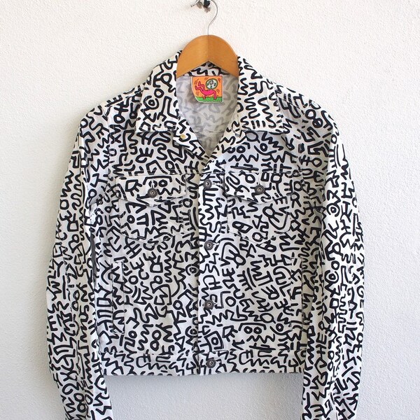 Keith HARING Jeans Jacket Women Small Vintage K. Haring By Sly Pop Art Graffiti Streetwear 80s Denim White Button Jacket Size S