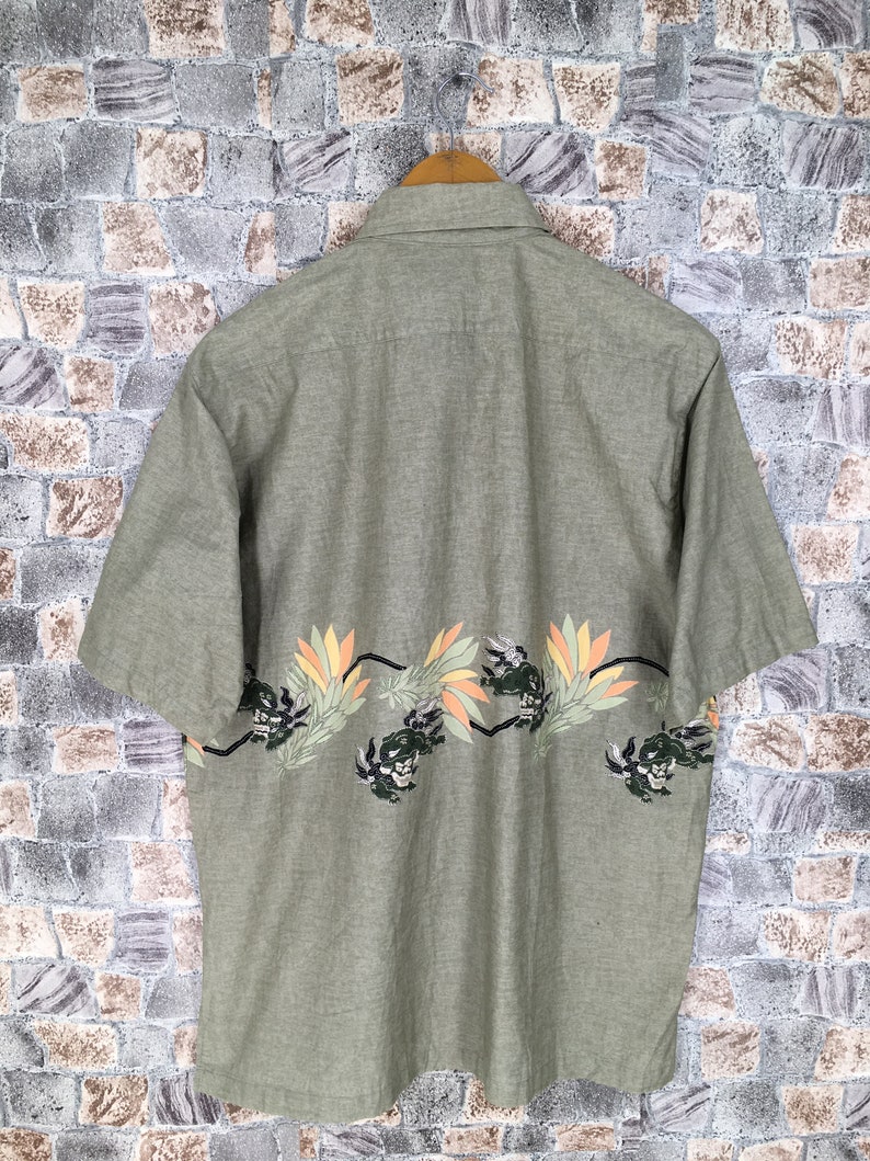 Vintage 90/'s SUKAJAN Dragon Oxfords Shirt Large Mens Hawaiian Japanese Souvenir Sukajan Style Okinawa Beachwear Button Up Shirt Size L