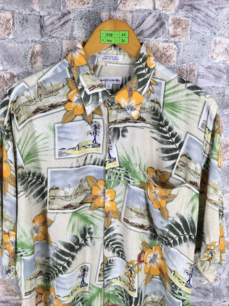HAWAIIAN Rayon Shirt Men Large Vintage Hula Girl Hibiscus Flower Hawaii Tiki Tropical Honolulu Surf Beach Aloha Rayon Shirt Buttondown L